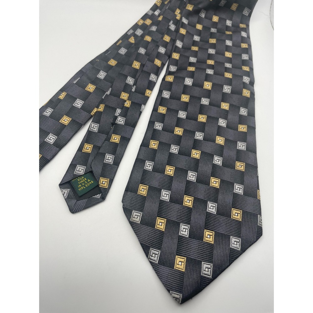 Club Room Mens Silk Tie Charcoal Grey Gold Silver Geometric Basketweave USA Made